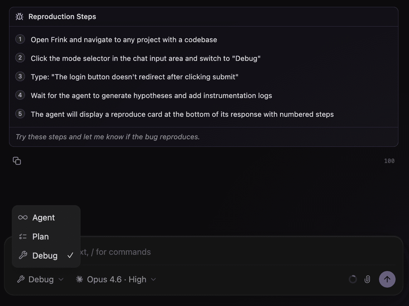 Frink debug mode showing reproduction steps and the agent, plan, debug mode selector
